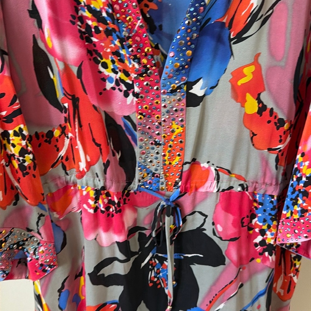 St. John silk blend floral tunic midi dress with rhinestone accents, size XL - Picture 10 of 12